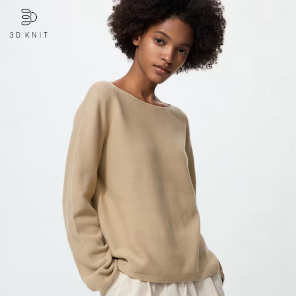NWT Uniqlo Women’s 3D Knit Cotton Boat Neck Sweater - Beige